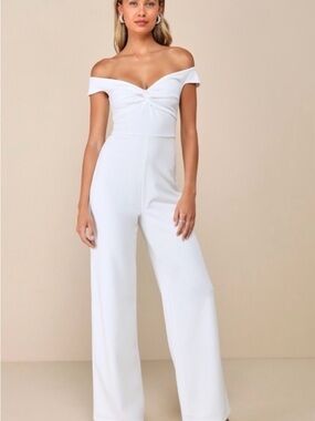 Lulu's White Off-Shoulder Twisted Bodice Wide-Leg Jumpsuit